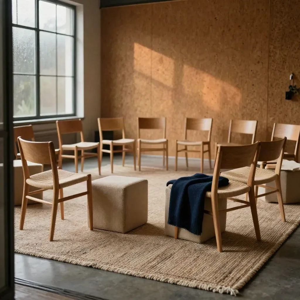 Werkruimte voor een talentworkshop met houten stoelen, zachte kubussen en kurkpaneel.