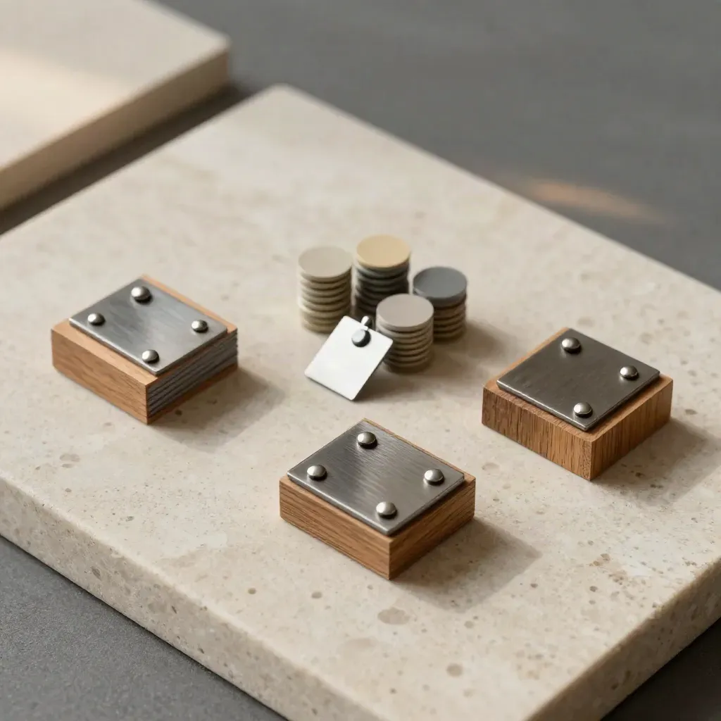 Bovenaanzicht van houten blokken, fiches en tokens in drie clusters op travertin.