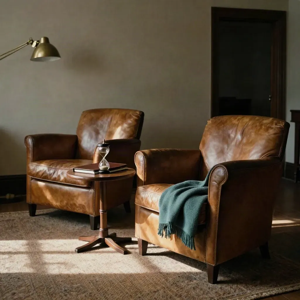 Twee leren fauteuils met zandtimer en dossier in een warme coachhoek met teelaccent.