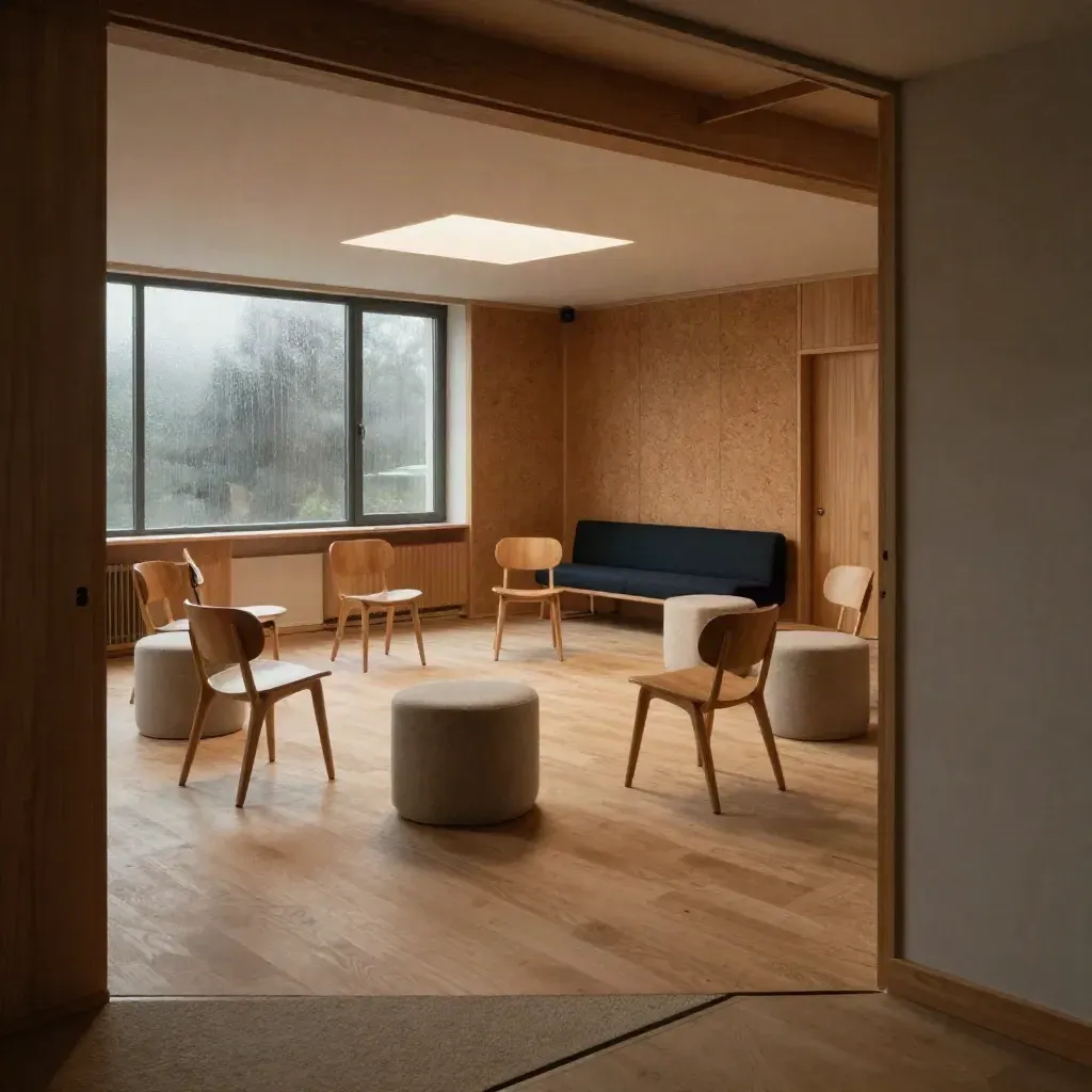 Workshopruimte met houten stoelen, vilten kubussen en kurkpanelen in zacht regenlicht.