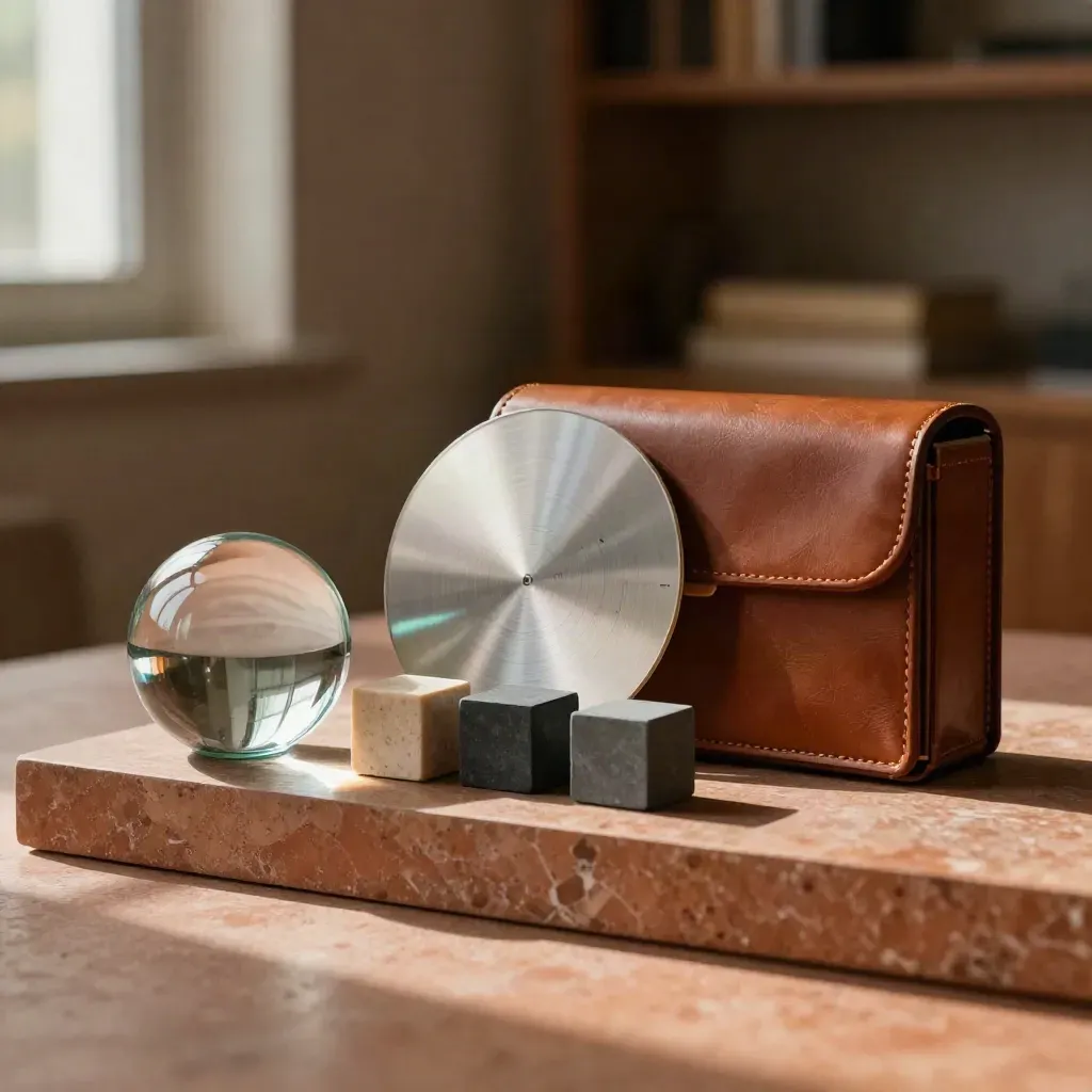 HR-adviesset met glas, gewichtskubussen, kalenderdisc en leren case in warm licht.