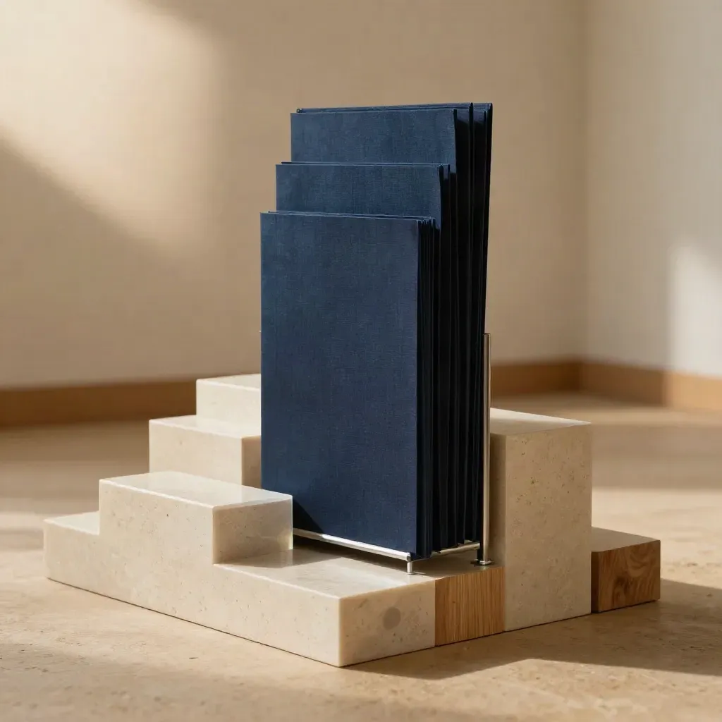 Sculpturale groeipaden-opstelling met vier mappen en trapsgewijze modules in een rustige ruimte.