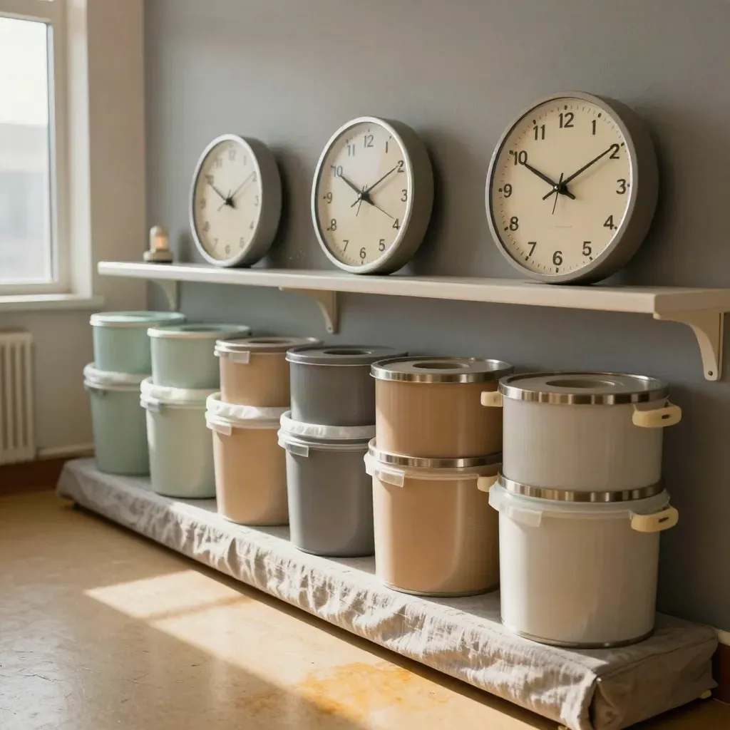 Rustige zorgbalie met analoge klokken, mintgroene bakken en gestapelde rolcontainers