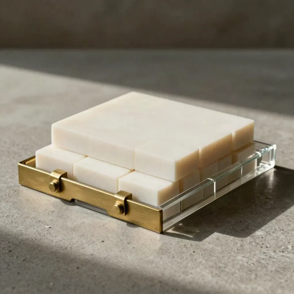 Witte blokken en messing koppelingen op een matte tray, strak van boven gefotografeerd.