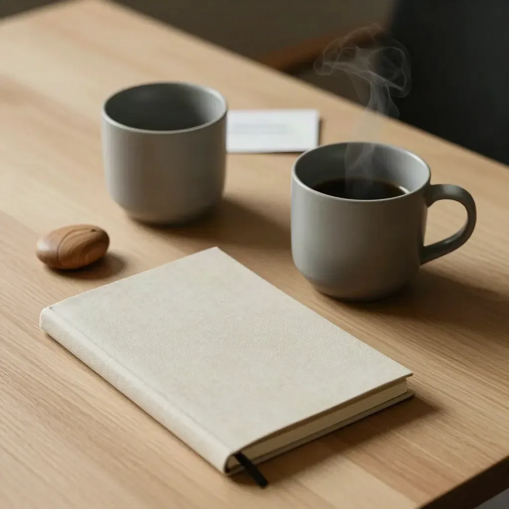 Twee matte koffiebekers, een houten praatsteentje en een gevouwen notitie-omslag op licht eiken.