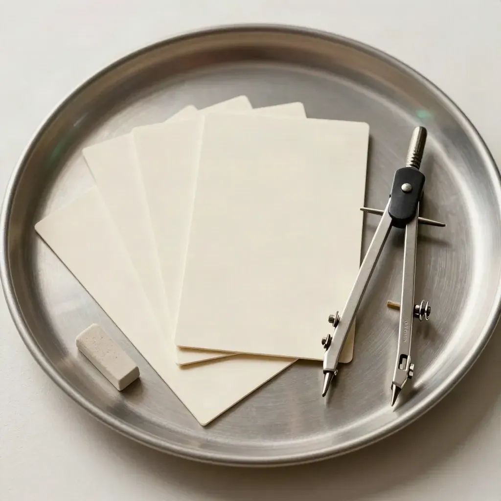 Ronde metalen tray met kaarten, precisiekompas en klemsteen op zachte off-white ondergrond.
