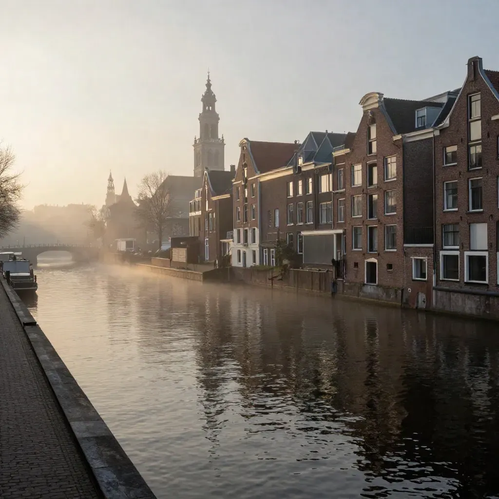 Amsterdamse IJ-oever in goudgrijze ochtendmist met torens hoog en rustig water onderin.