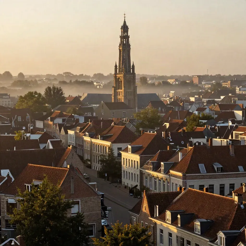 De Domtoren boven rustige Utrechtse daken in zacht ochtendlicht en nevel.