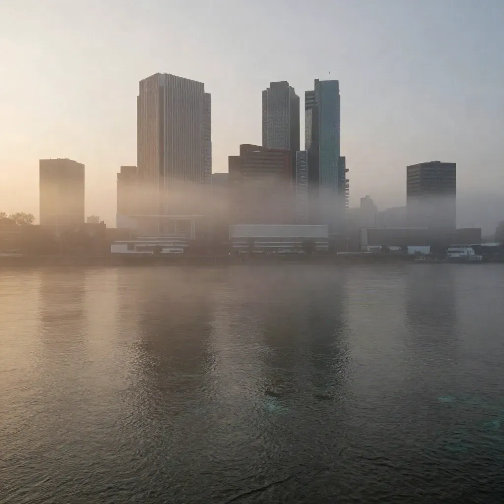 Rotterdamse skyline in avondmist boven de Maas met kalm water en zachte reflecties