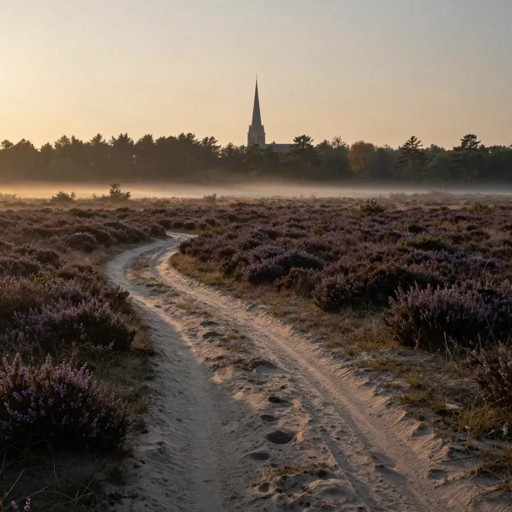 Glooiende Brabantse heide met verre kerktoren in warme gouden avondlucht